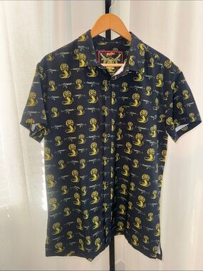 Etro Black Short-Sleeve Button-Down with Yellow Cobra Motif